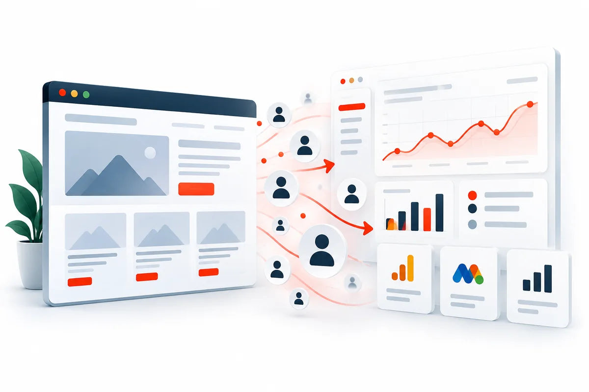 Schematische Darstellung von Website-Besuchen und Webanalyse.